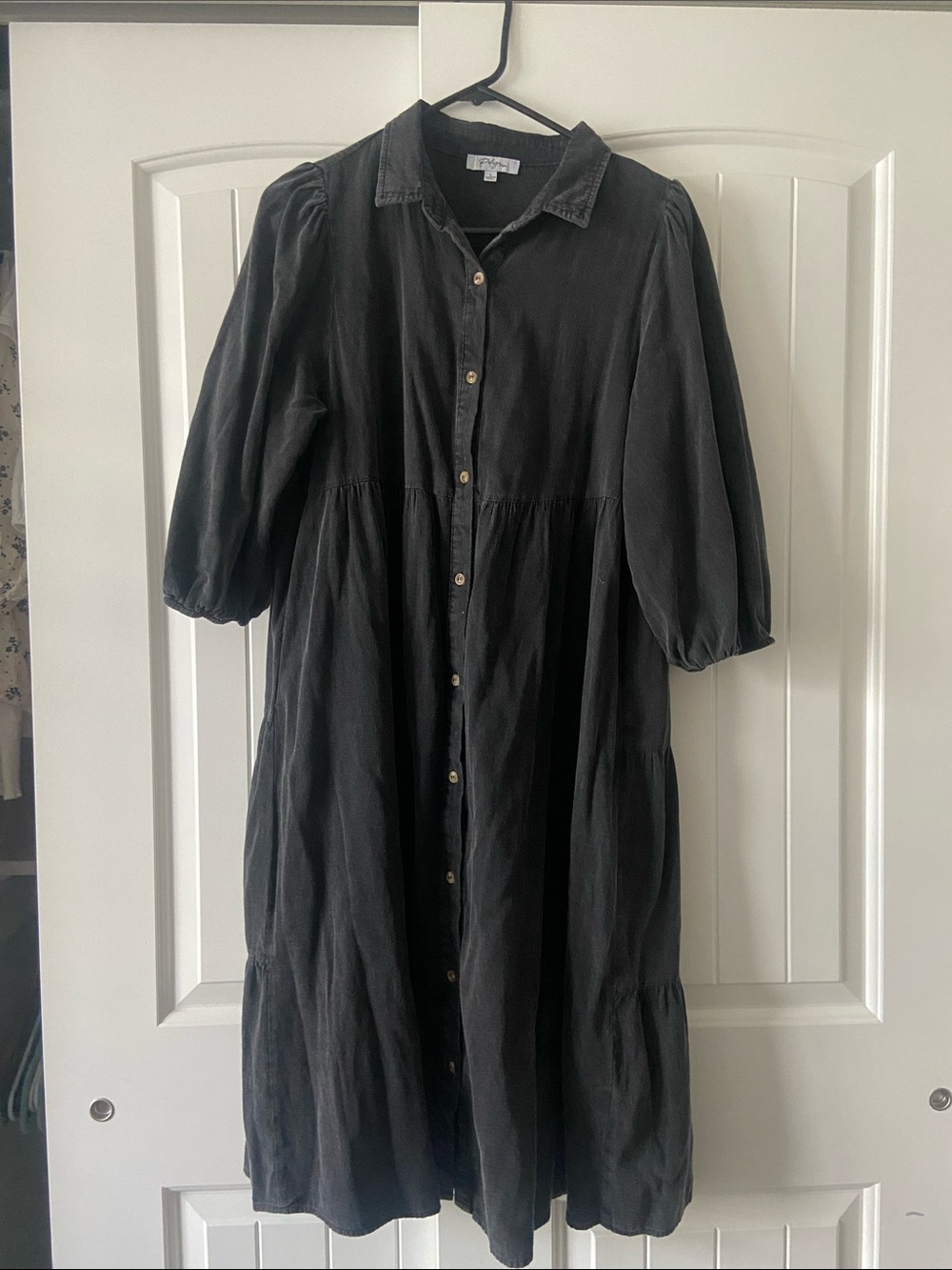 Polagram Black Button-Front Tiered Midi Dress with Puff Sleeves